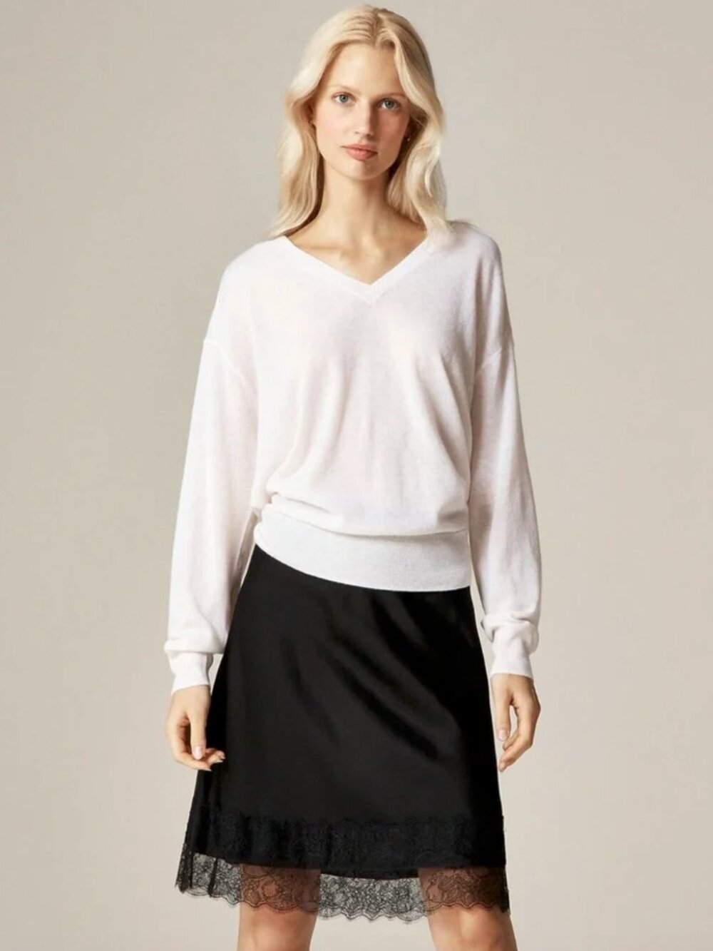 J Crew Oversized Featherweight Cashmere V-Neck Sweater in Snow